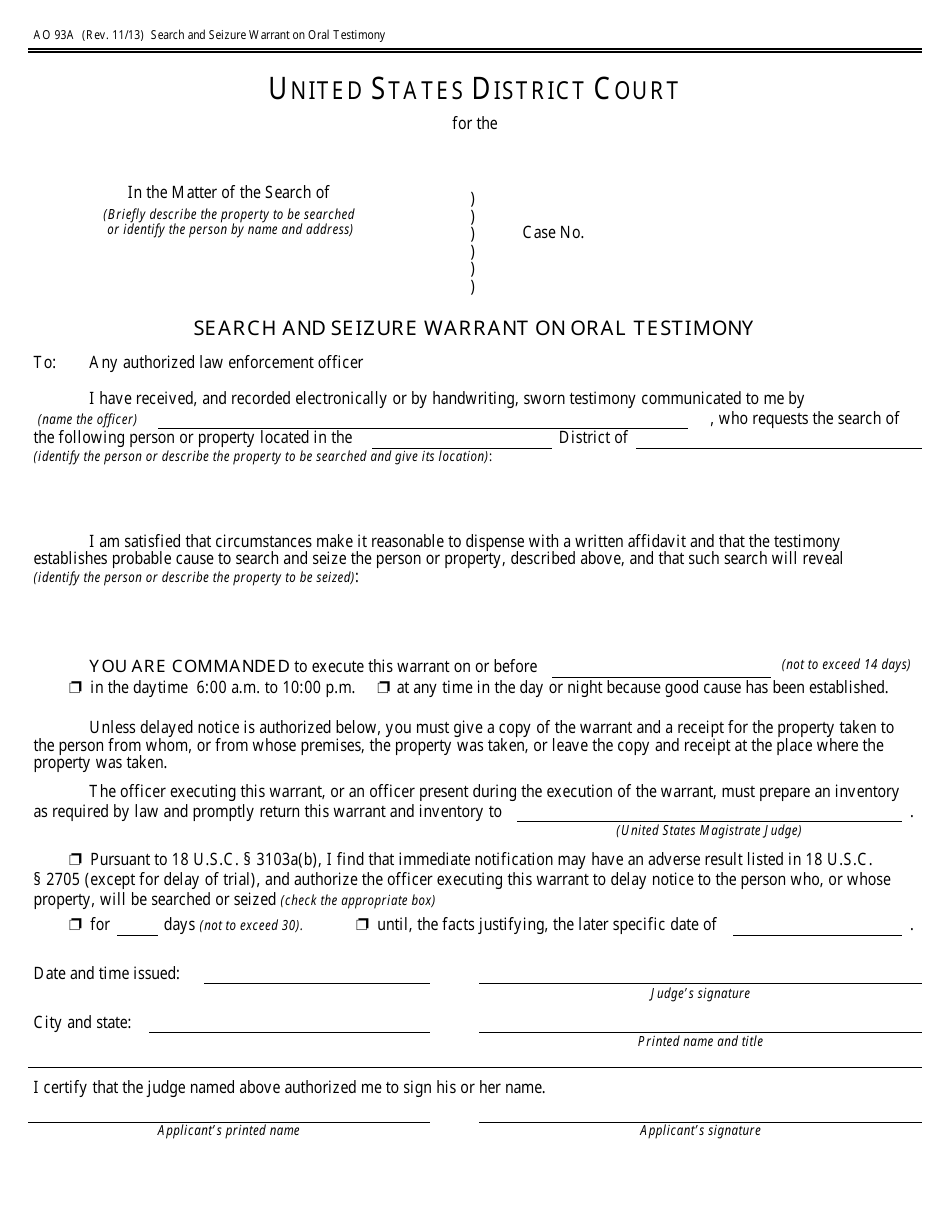 Form AO93A Search and Seizure Warrant on Oral Testimony, Page 1