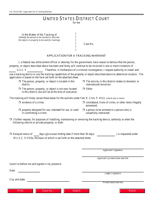Form AO102 Application for a Tracking Warrant