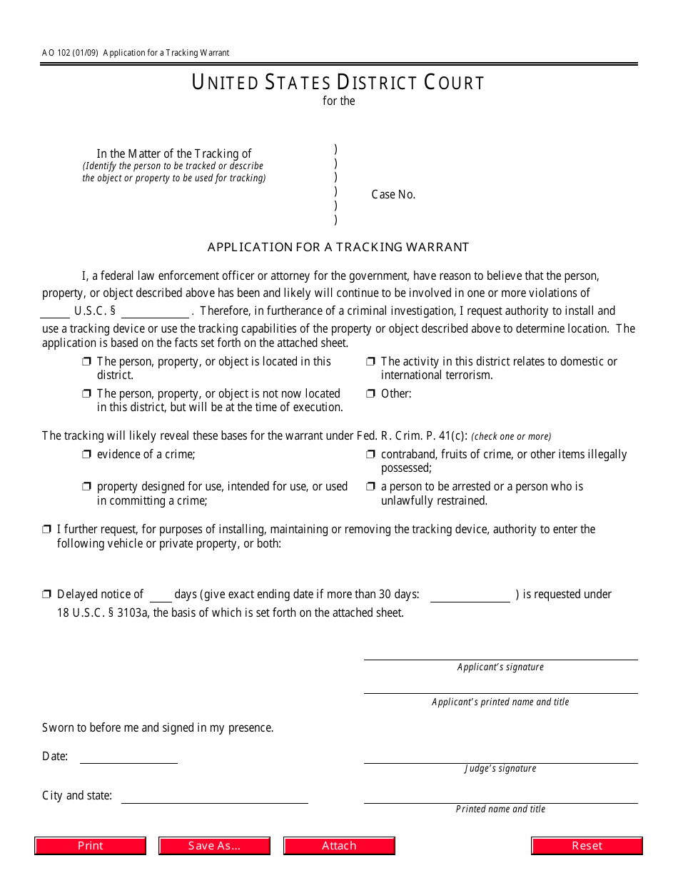 Form AO102 Application for a Tracking Warrant, Page 1