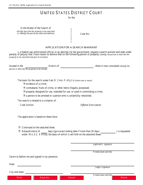 Form AO106 Application for a Search Warrant