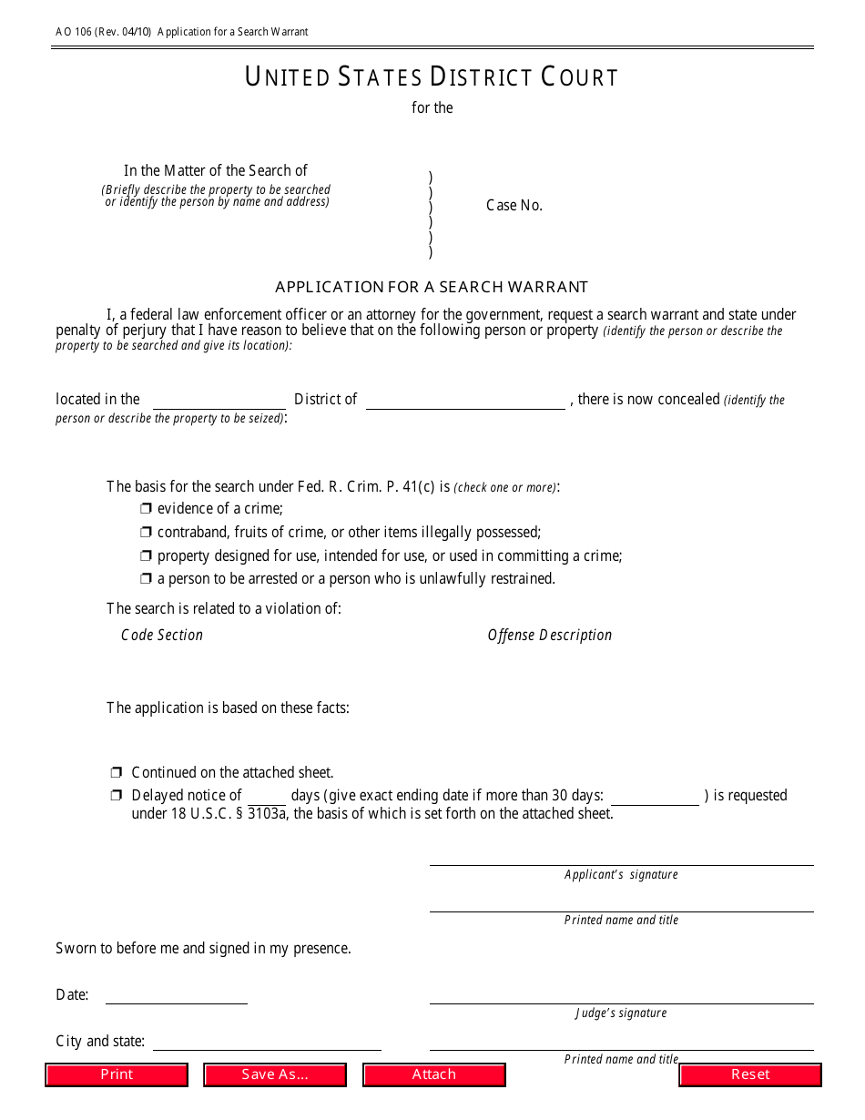 Form AO106 Application for a Search Warrant, Page 1