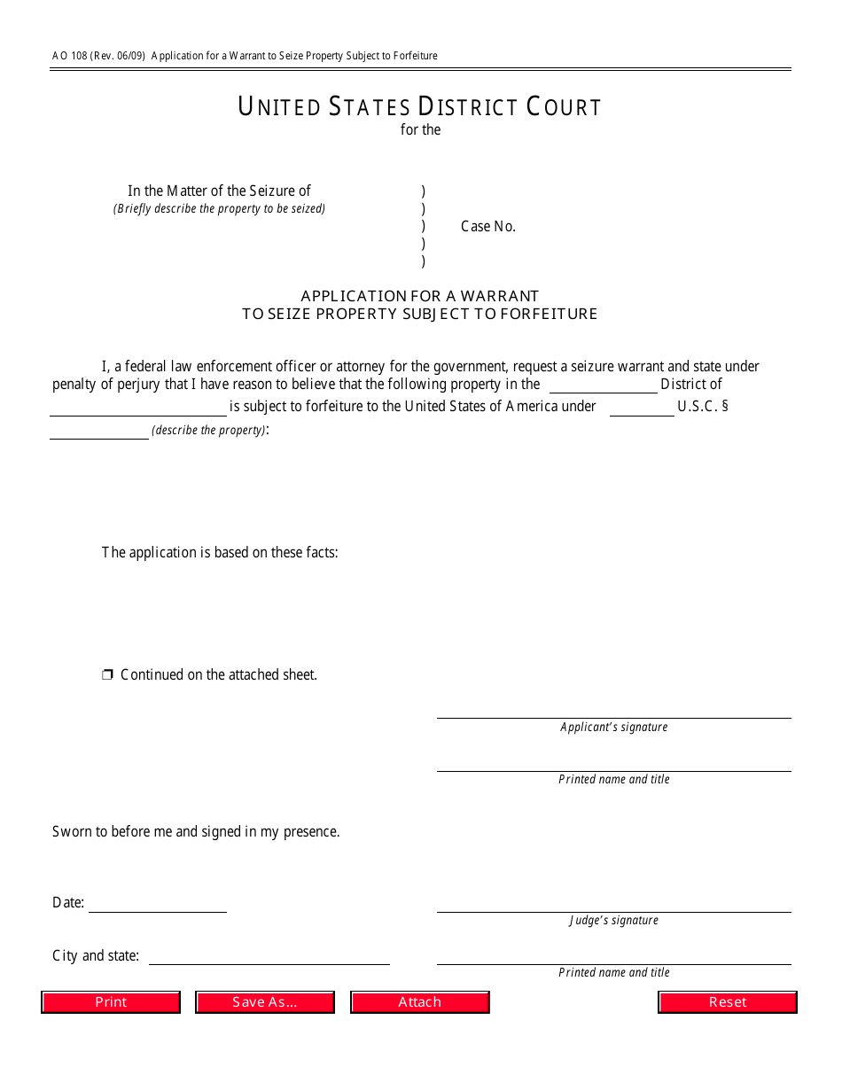 Form AO108 Application for a Warrant to Seize Property Subject to Forfeiture, Page 1