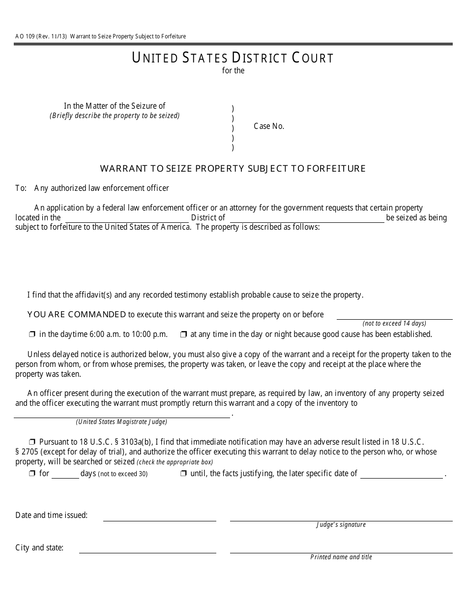 Form AO109 Warrant to Seize Property Subject to Forfeiture, Page 1