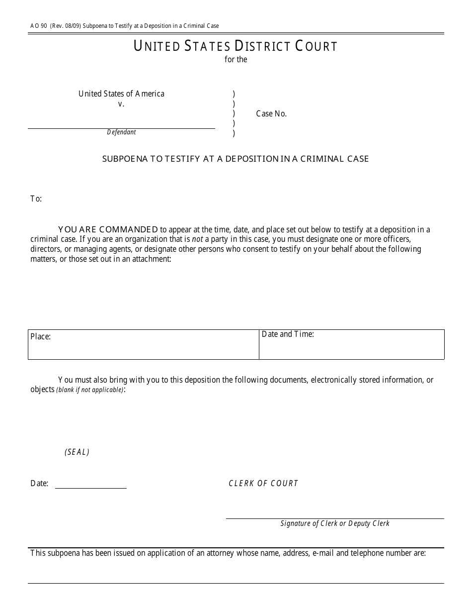Form AO90 Subpoena to Testify at a Deposition in a Criminal Case, Page 1