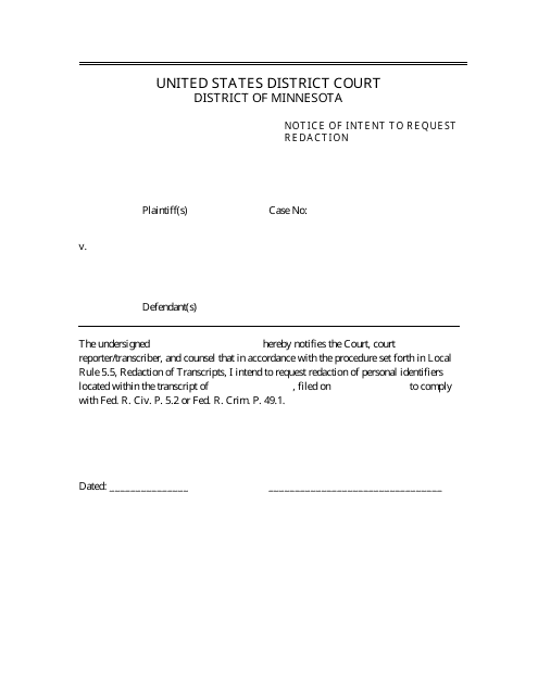 Notice of Intent to Request Redaction - Minnesota Download Pdf