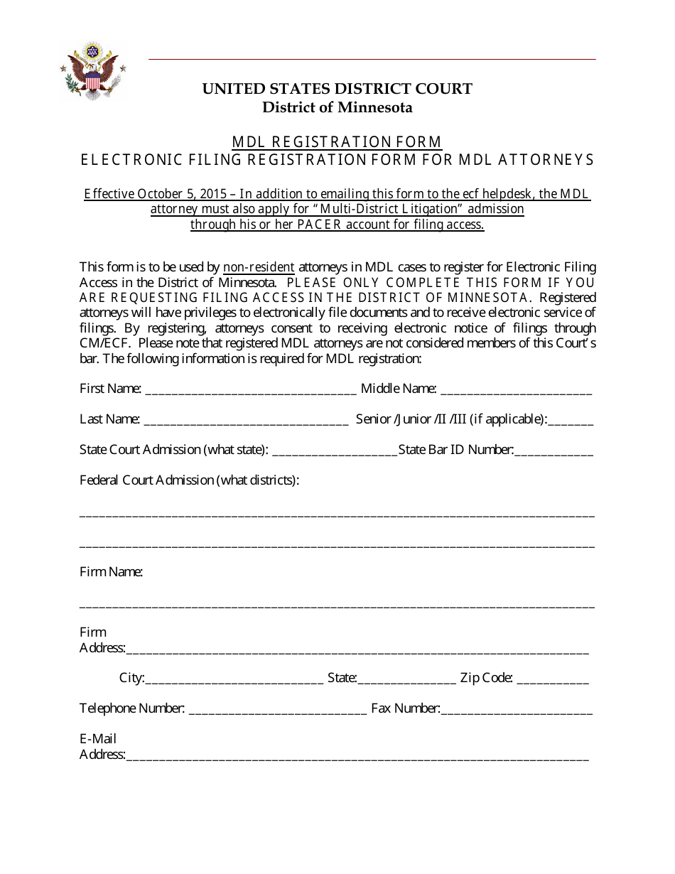 MDL Registration Form - Minnesota, Page 1