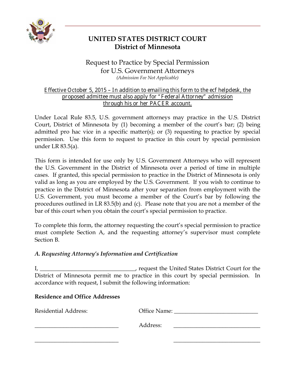 Request to Practice by Special Permission for U.S. Government Attorney - Minnesota, Page 1