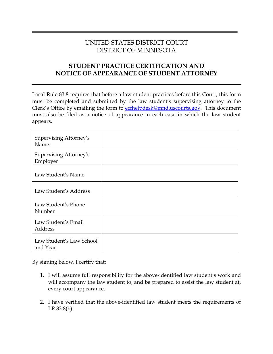 Student Practice Certification and Notice of Appearance of Student Attorney - Minnesota, Page 1