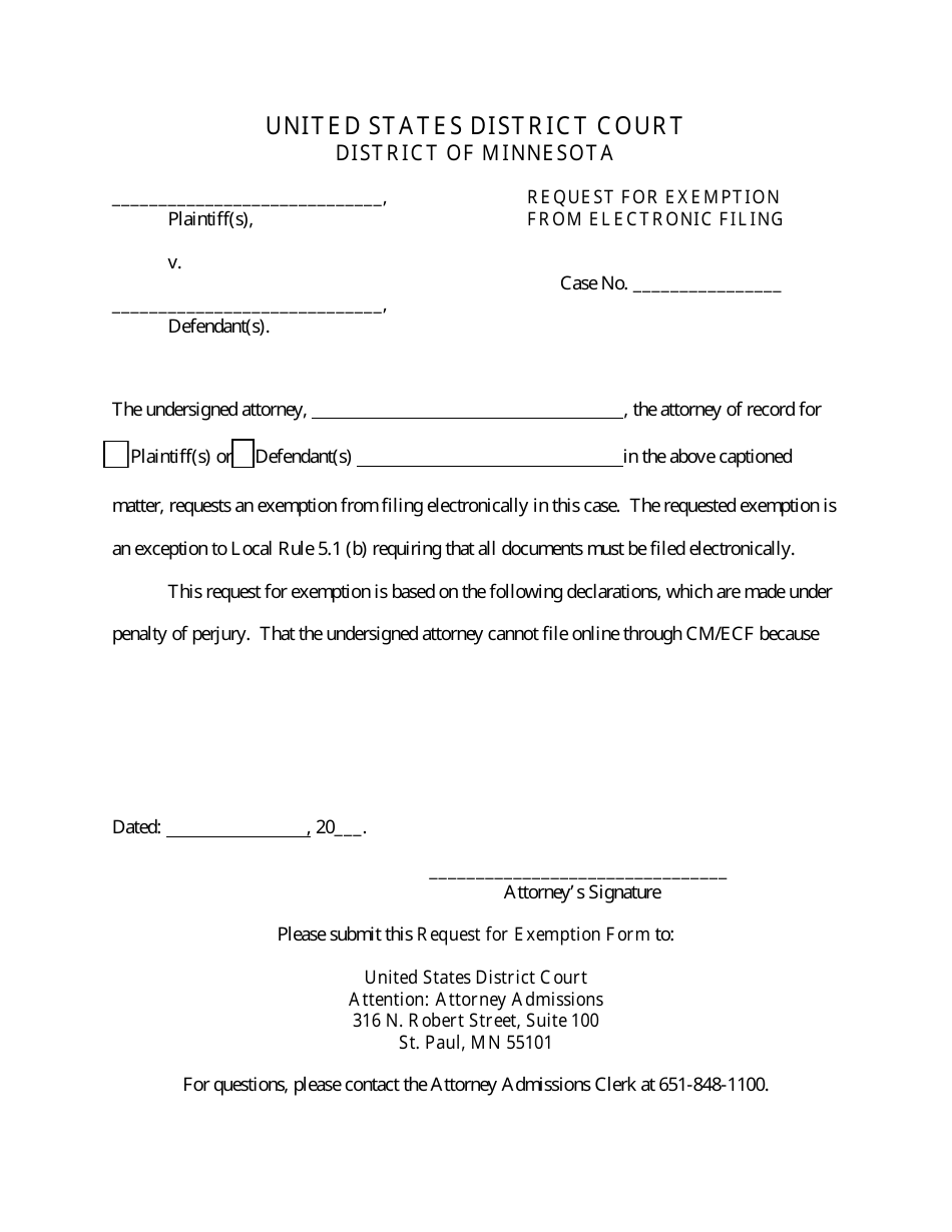 Request for Exemption From Electronic Filing - Minnesota, Page 1