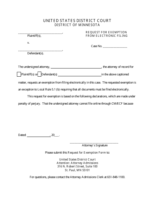 Request for Exemption From Electronic Filing - Minnesota Download Pdf