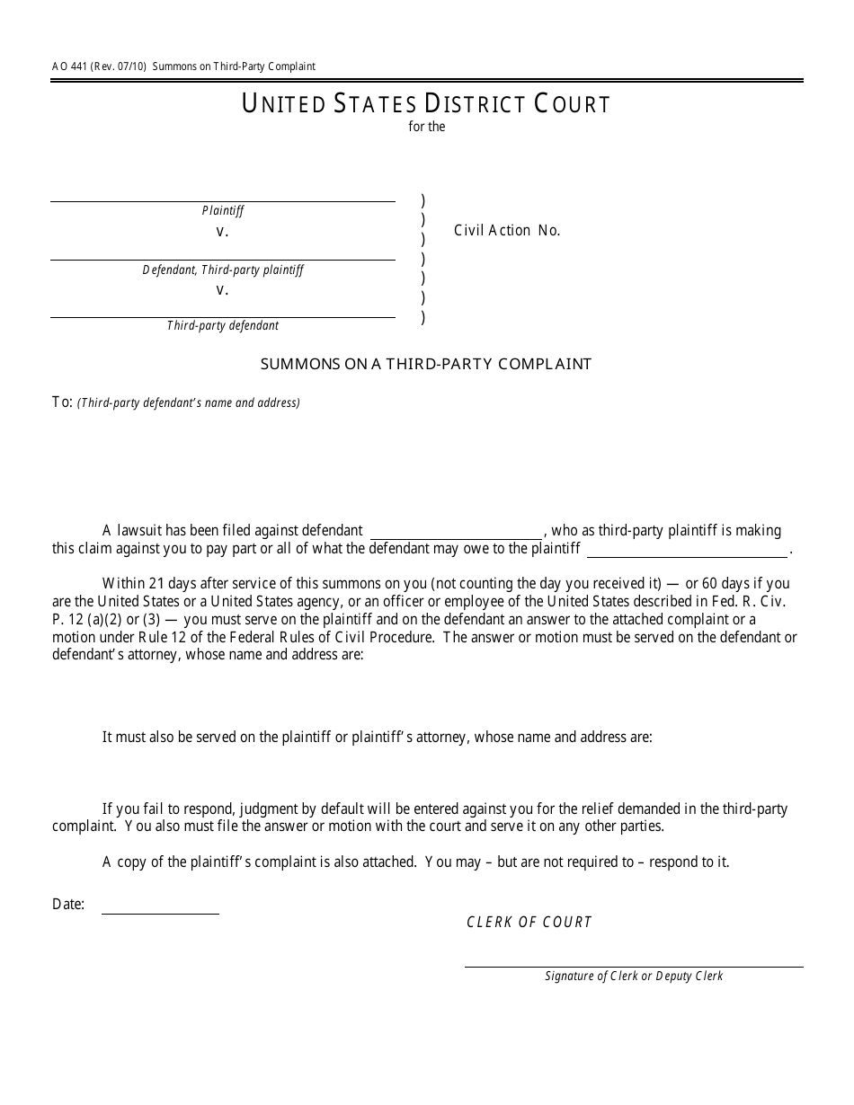 Form AO441 Summons on a Third-Party Complaint, Page 1