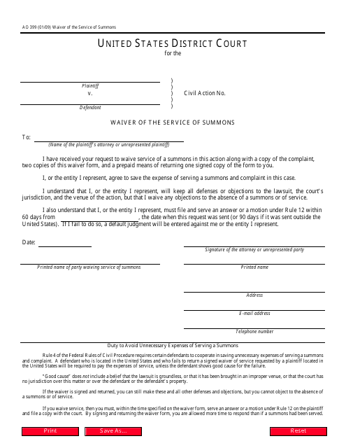 Form AO399 Waiver of the Service of Summons