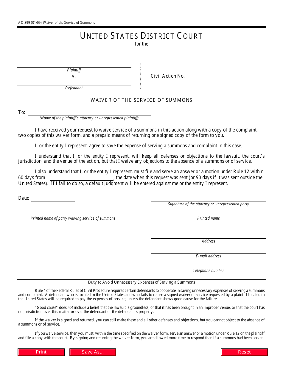 Form AO399 Waiver of the Service of Summons, Page 1