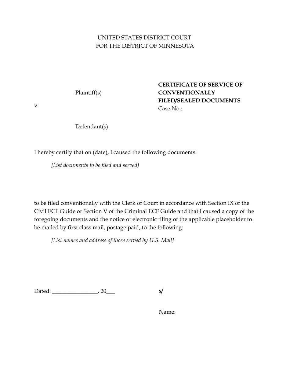 Certificate of Service of Conventionally Filed / Sealed Documents - Minnesota, Page 1