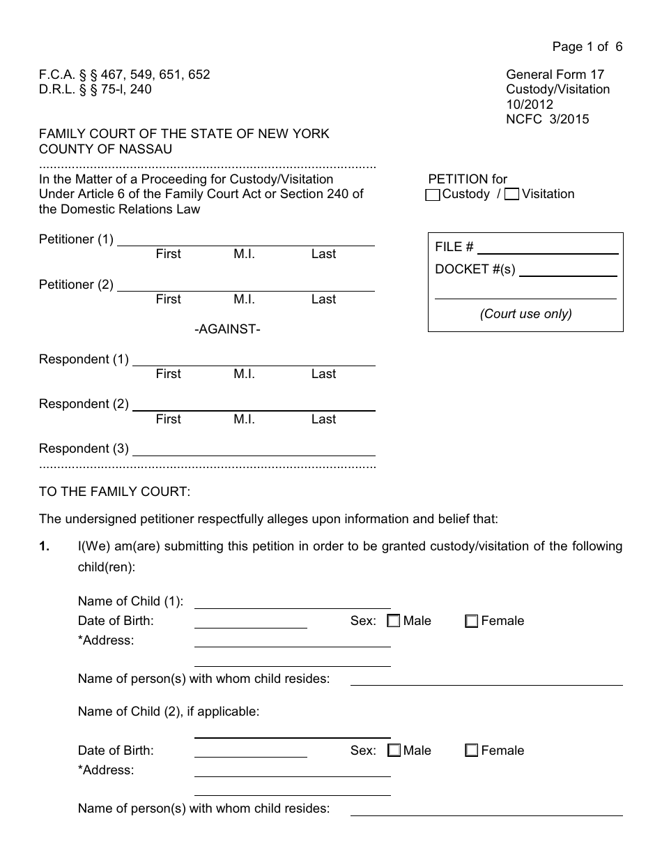General Form 17 Petition for Custody/Visitation - Nassau County, New York, Page 1