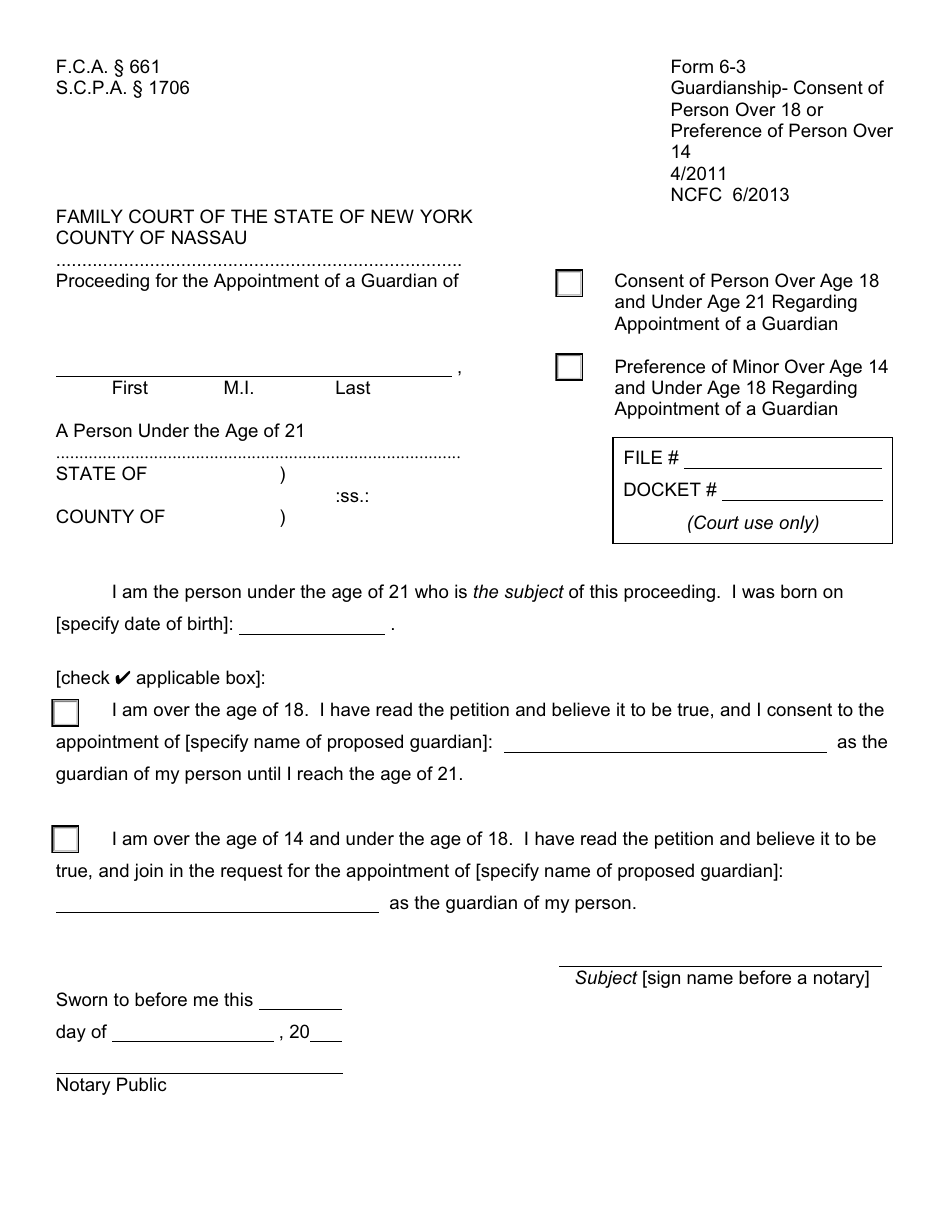 Form 6-3 Guardianship- Consent of Person Over 18 or Preference of Person Over 14 - Nassau County, New York, Page 1