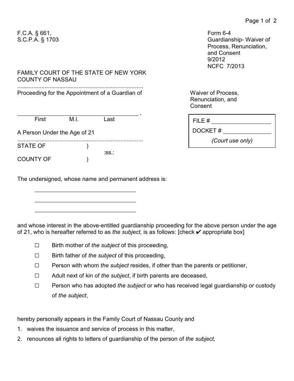 Form 6-4 Guardianship- Waiver of Process, Renunciation, and Consent - Nassau County, New York, Page 1