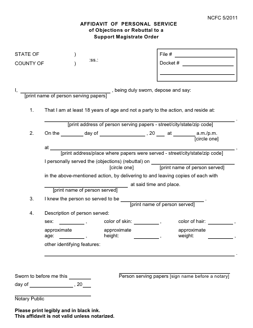 Affidavit of Personal Service of Objections or Rebuttal to a Support Magistrate Order - New York Download Pdf