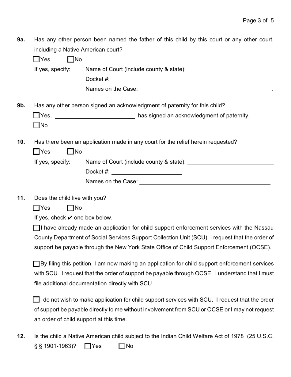 Form 5-1 Petition for Paternity (Individual) - Nassau County, New York, Page 3