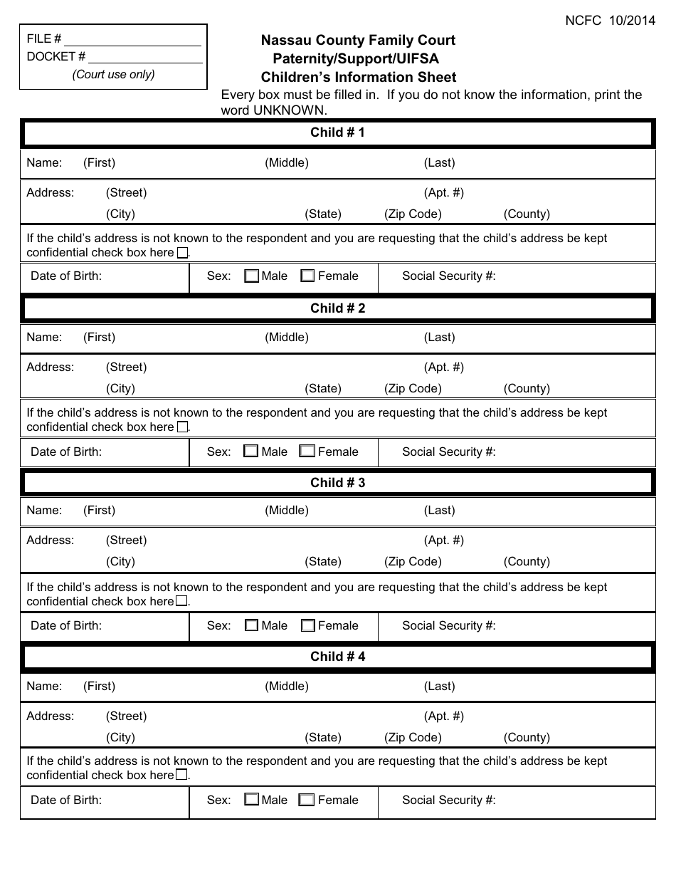 Paternity / Support / Uifsa Childrens Information Sheet - Nassau County, New York, Page 1