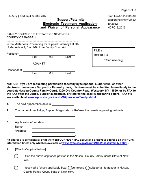 Form 4-24/5-16 Support/Paternity Electronic Testimony Application and Waiver of Personal Appearance - New York
