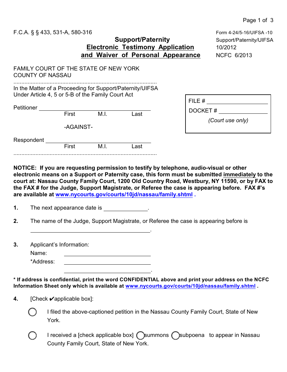 Form 4-24 / 5-16 Support / Paternity Electronic Testimony Application and Waiver of Personal Appearance - New York, Page 1