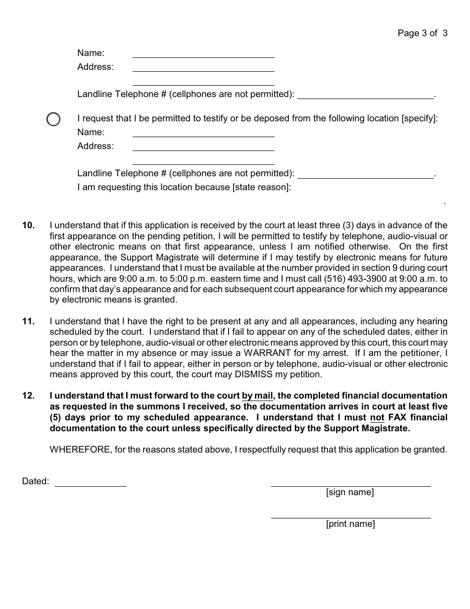 Form 4-24 / 5-16 Support / Paternity Electronic Testimony Application and Waiver of Personal Appearance - New York, Page 3