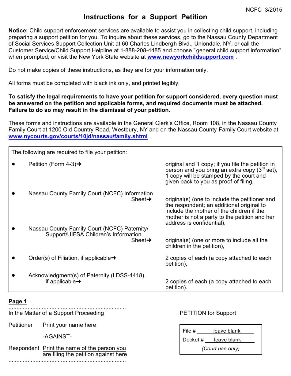 Form 4-3 Petition for Support - Nassau County, New York, Page 1