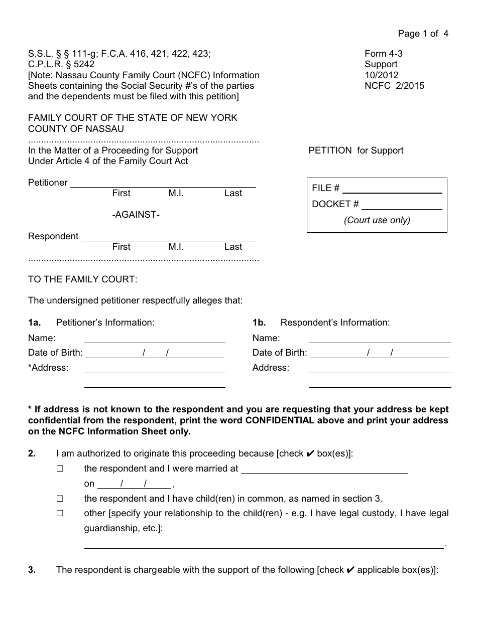 Form 4-3 Petition for Support - Nassau County, New York, Page 4