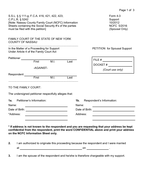 Form 4-3 Petition for Spousal Support - Nassau County, New York