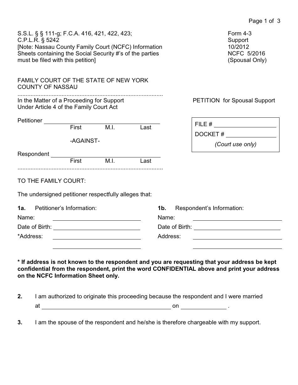 Form 4-3 Petition for Spousal Support - Nassau County, New York, Page 1