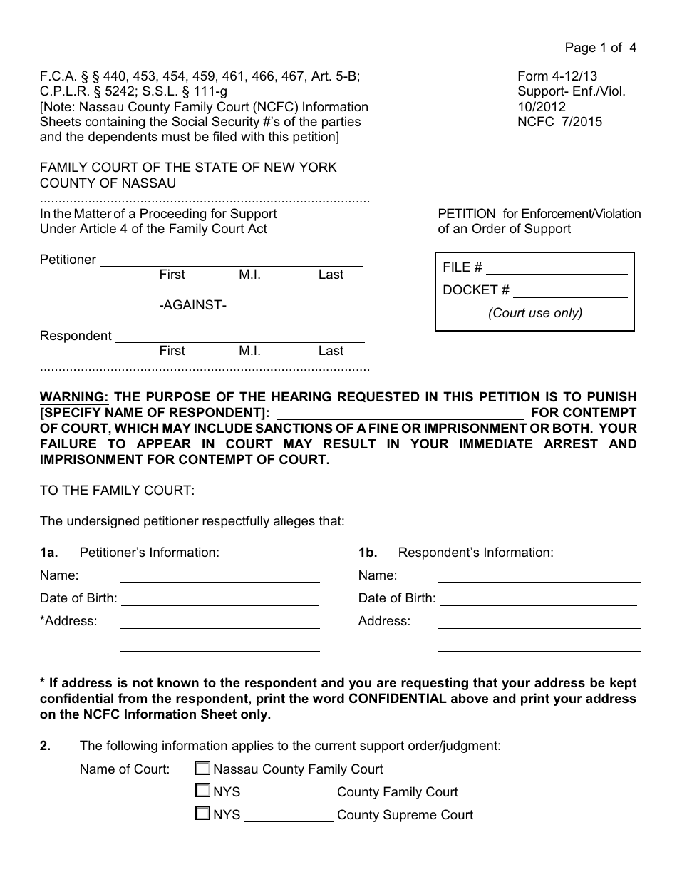 Form 4-12/13 Petition for Enforcement/Violation of an Order of Support - Nassau county, New York, Page 1