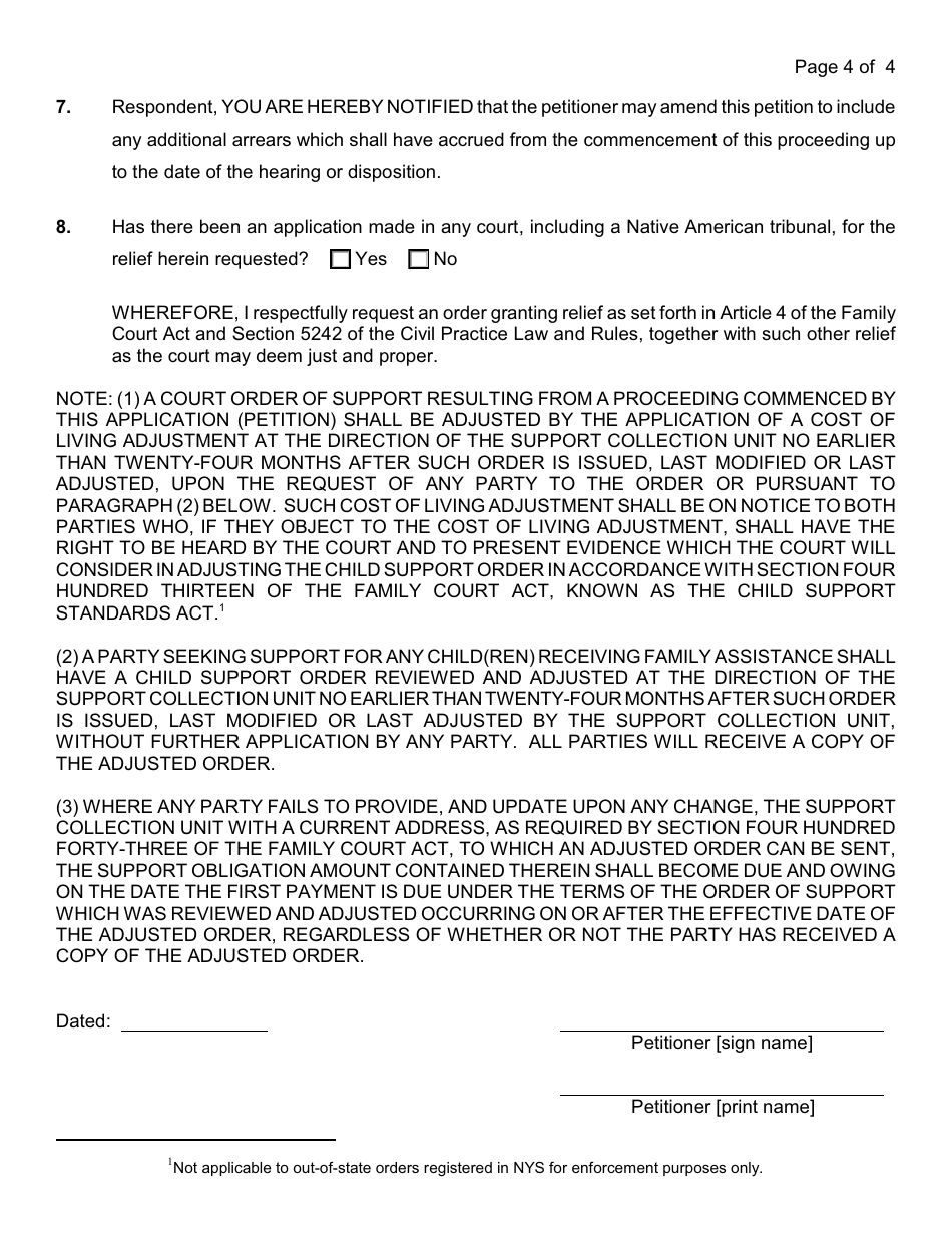 Form 4-12 / 13 Petition for Enforcement / Violation of an Order of Support - Nassau county, New York, Page 4