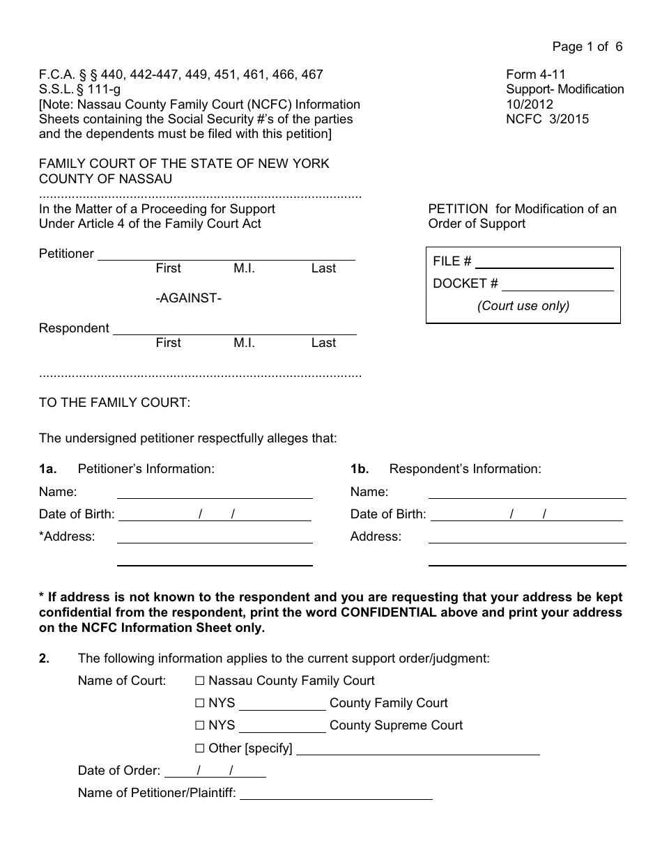 Form 4-11 Petition for Modification of an Order of Support - Nassau County, New York, Page 1