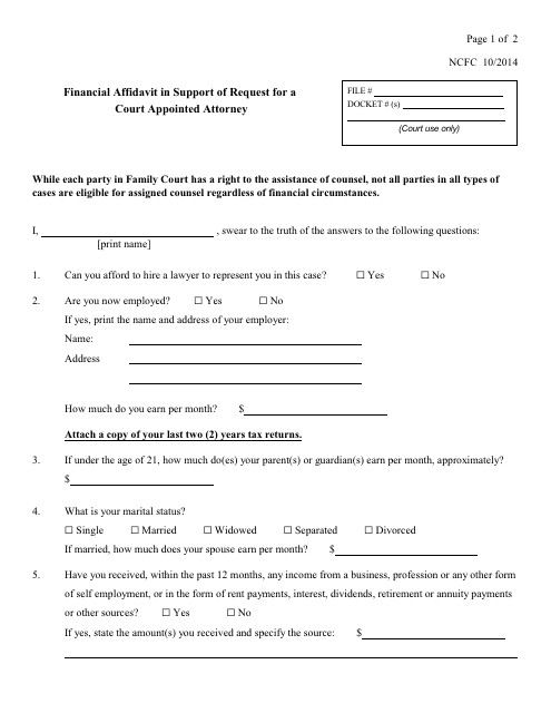 Financial Affidavit in Support of Request for a Court Appointed Attorney - New York