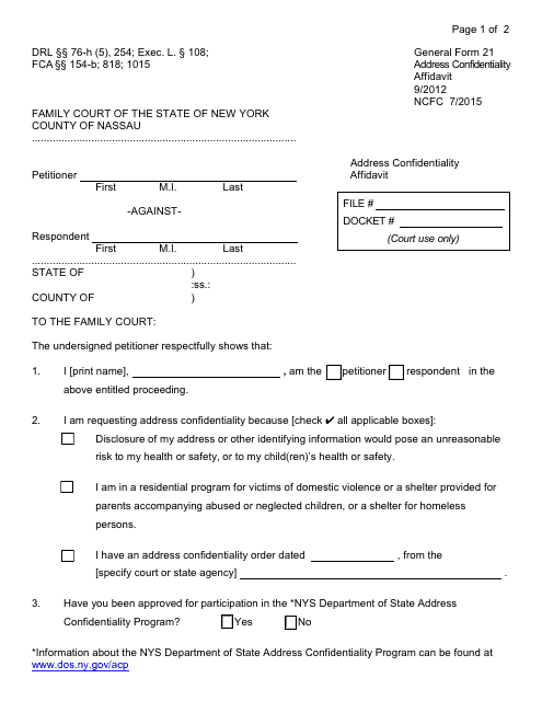 Form 21 Address Confidentiality Affidavit - Nassau county, New York