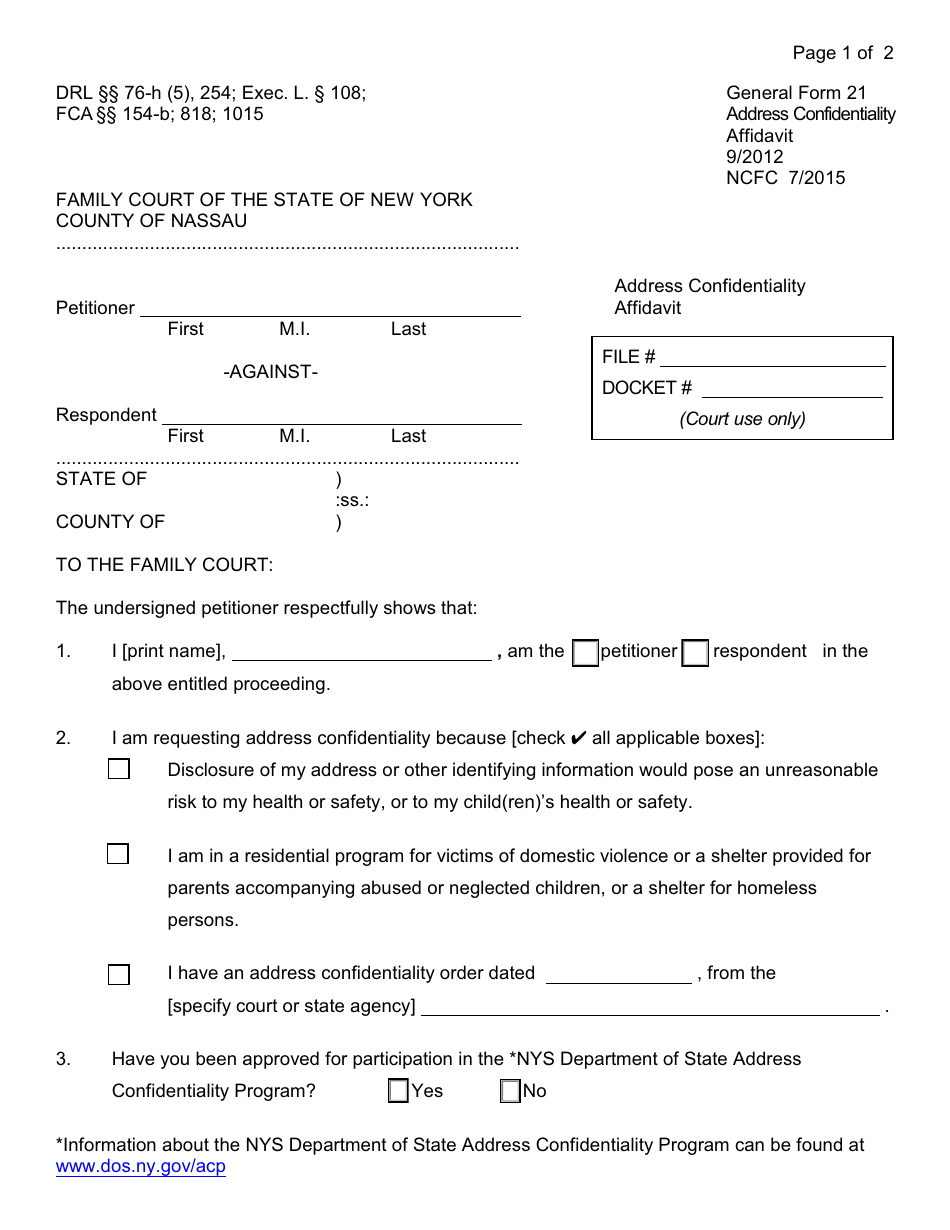 Form 21 Address Confidentiality Affidavit - Nassau county, New York, Page 1