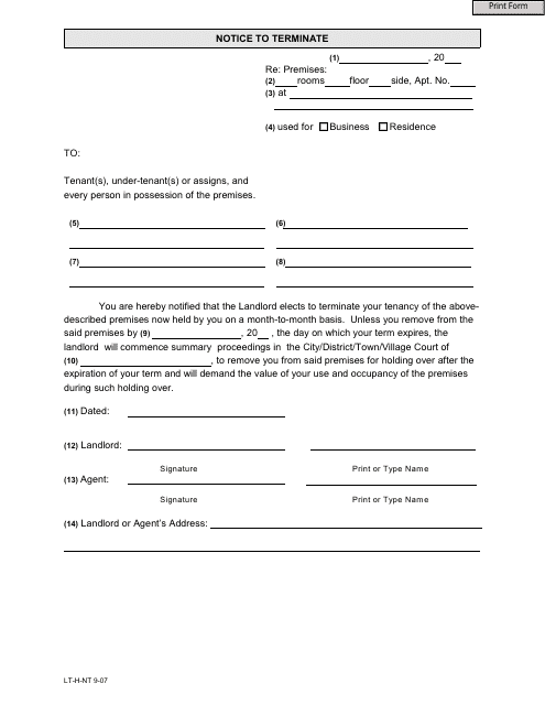 Form LT-H-NT Notice to Terminate - New York