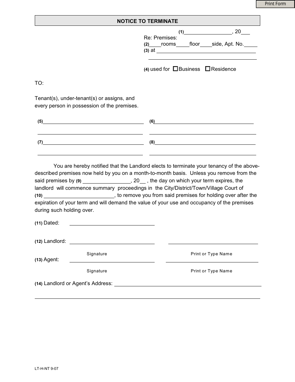 Form LT-H-NT Notice to Terminate - New York, Page 1