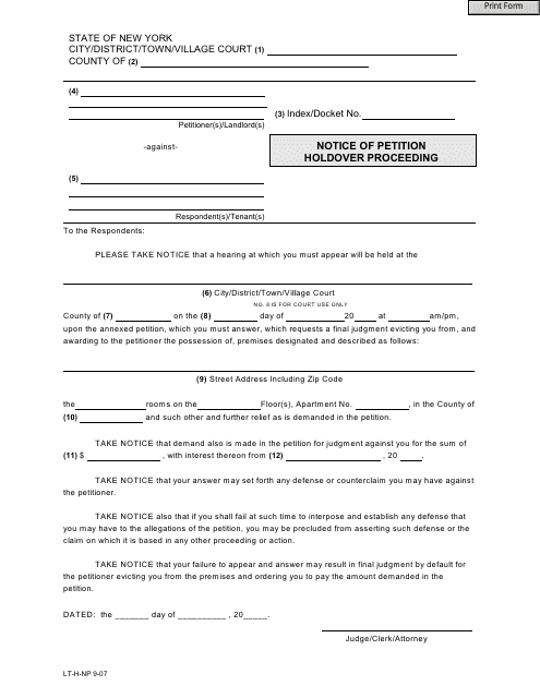 Form LT-H-NP Notice of Petition Holdover Proceeding - New York