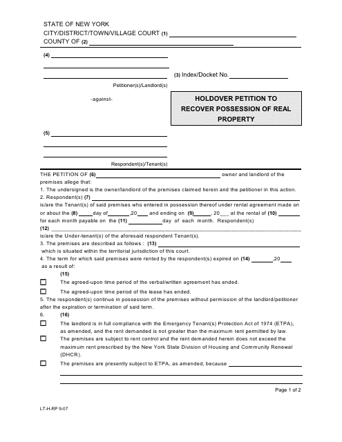 Form LT-H-RP Holdover Petition to Recover Possession of Real Property - New York