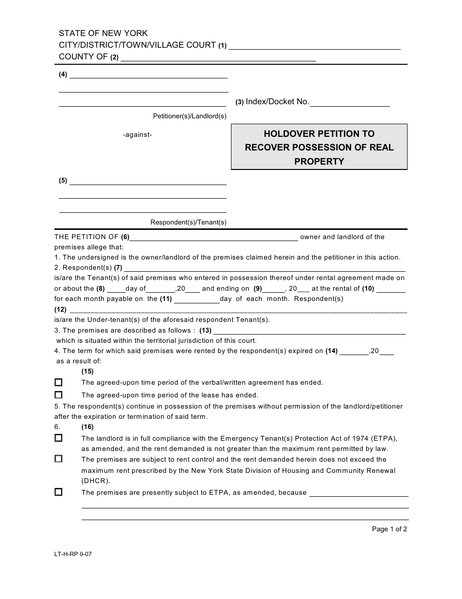 Form LT-H-RP Holdover Petition to Recover Possession of Real Property - New York, Page 1