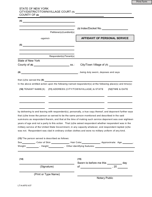 Form LT-H-APS Affidavit of Personal Service - New York