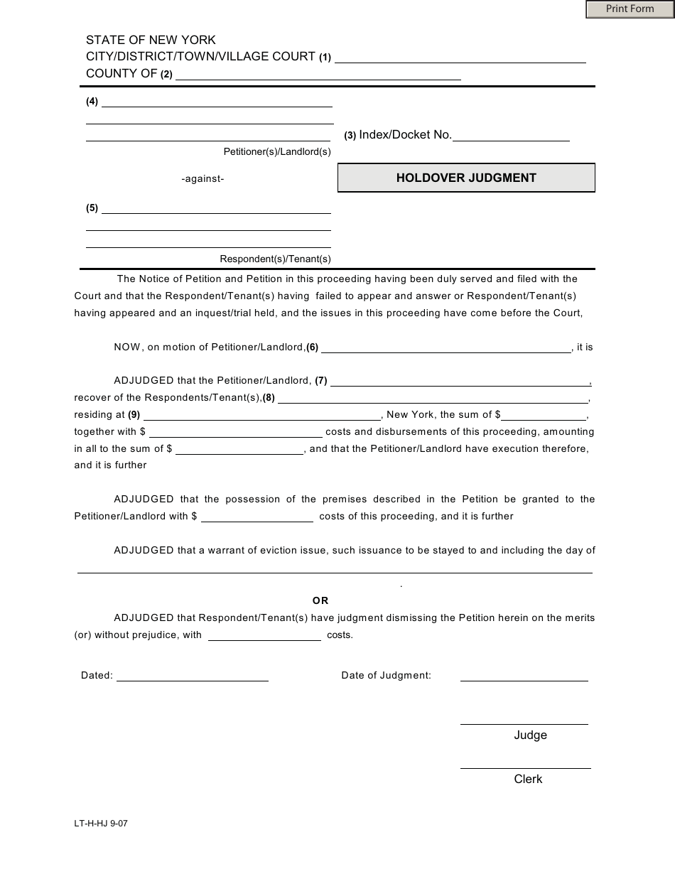 Form LT-H-HJ Holdover Judgment - New York, Page 1