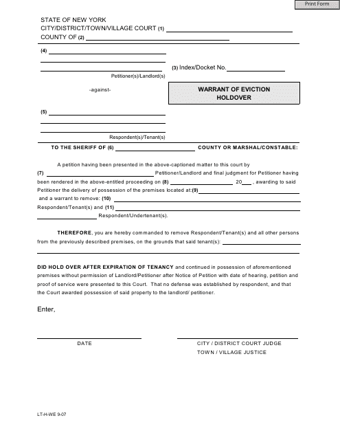 Form LT-H-WE Warrant of Eviction Holdover - New York