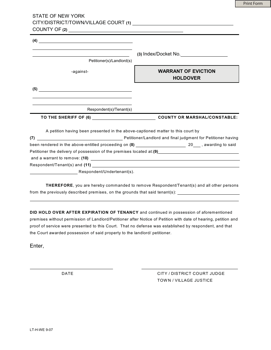 Form LT-H-WE Warrant of Eviction Holdover - New York, Page 1
