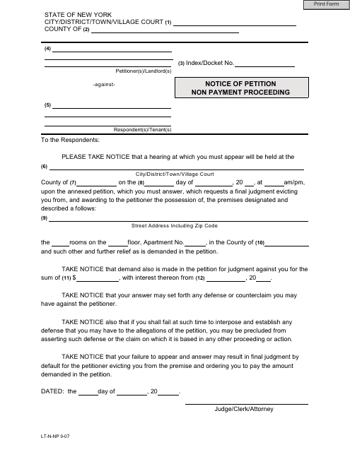 Form LT-N-NP Notice of Petition Non Payment Proceeding - New York