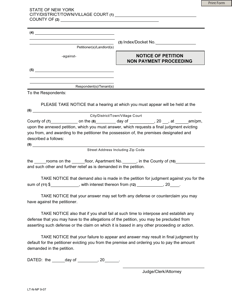Form LT-N-NP Notice of Petition Non Payment Proceeding - New York, Page 1