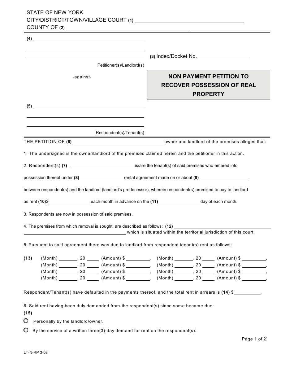 Form LT-N-RP Non Payment Petition to Recover Possession of Real Property - New York, Page 1