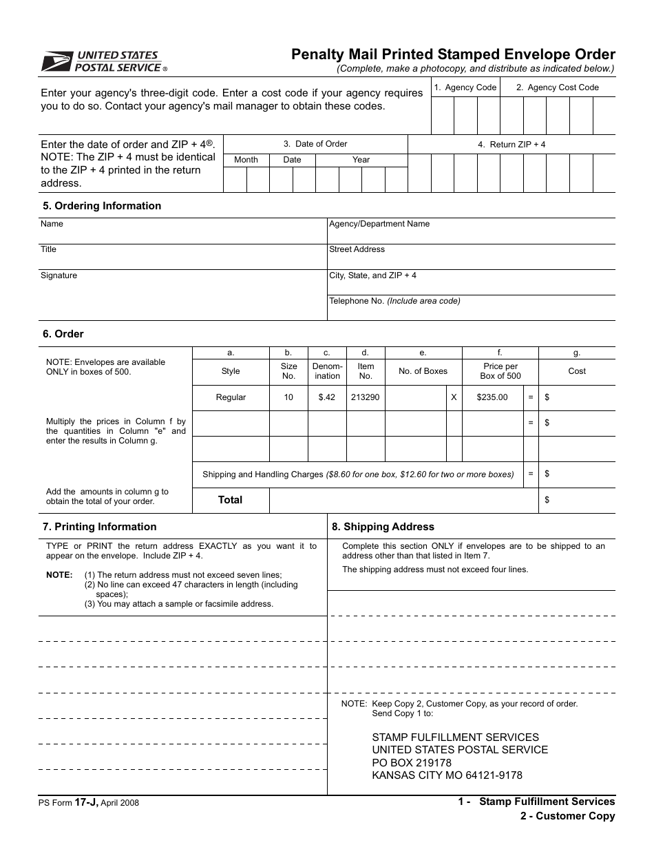 PS Form 17-J Penalty Mail Printed Stamped Envelope Order, Page 1